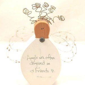Wooden angel with copper wired hair ANGELS ARE OFTEN DISGUISED AS FRIENDS 8"